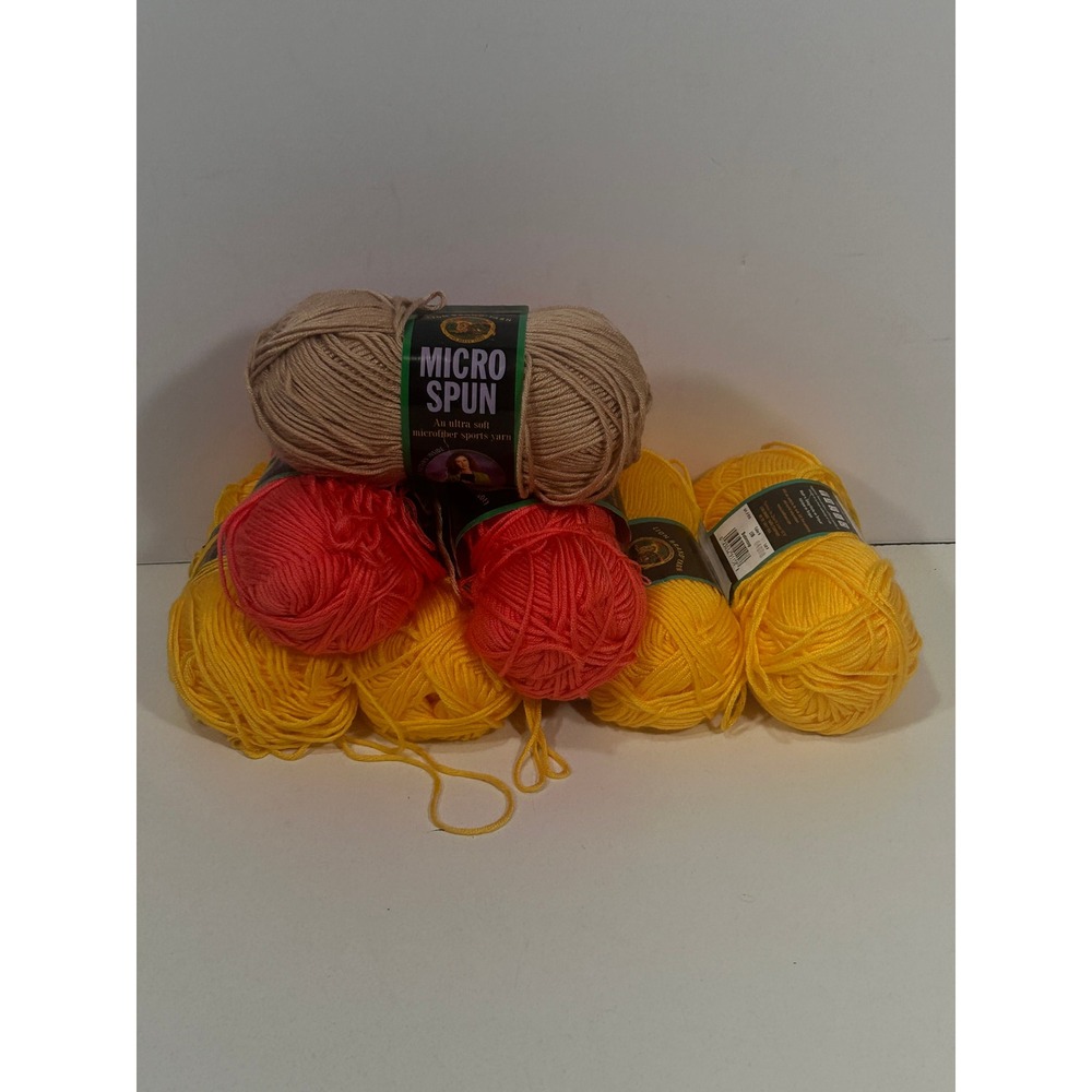 Lion Brand Micro Spun Yarn Lot 7 Skeins Buttercup Coral Mocha Microfiber Sport